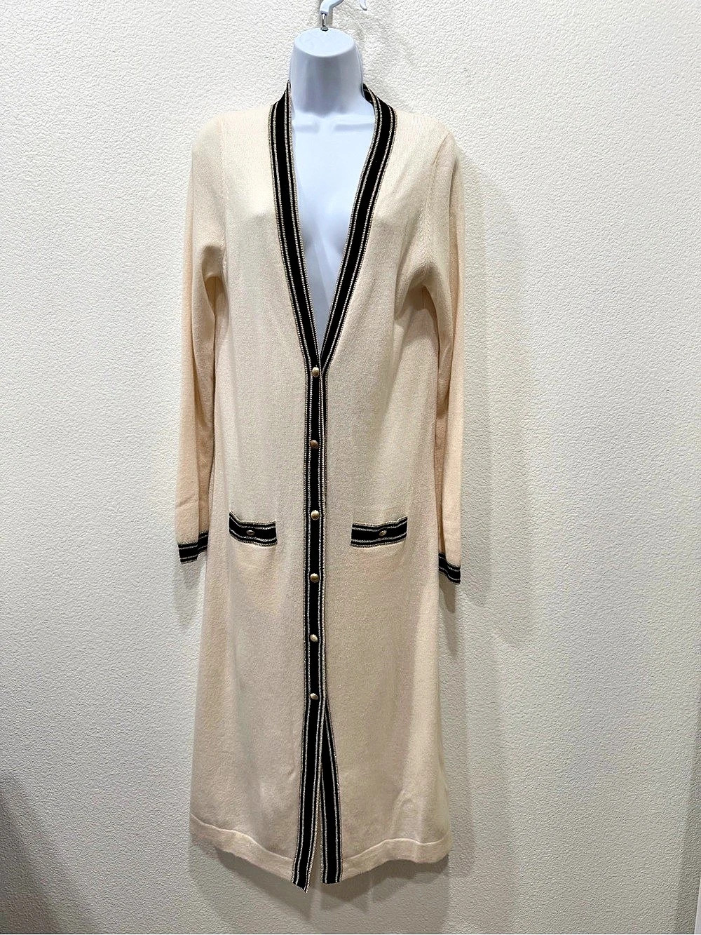 L'AGENCE Tinsley Long Merino Wool & Cashmere Cardigan Cream & Black Medium